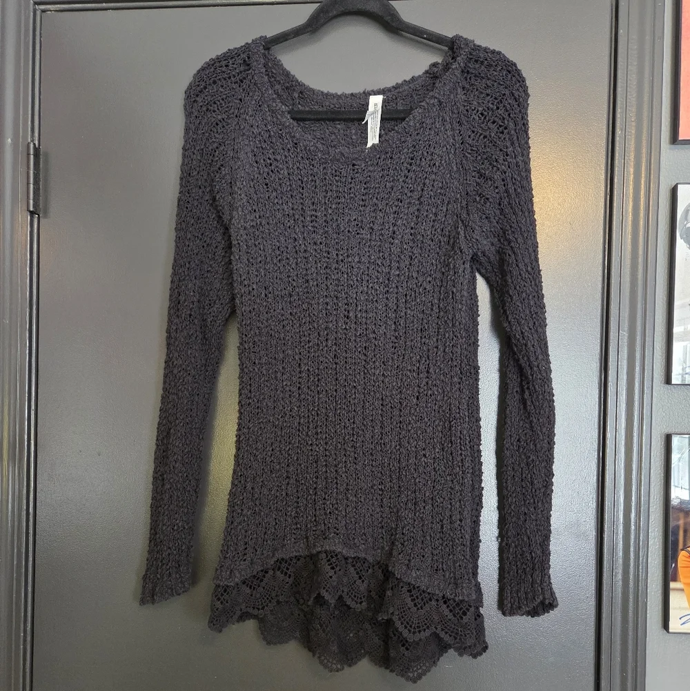 Black Knit Sweater with Lace Hem - Picture 1 of 3